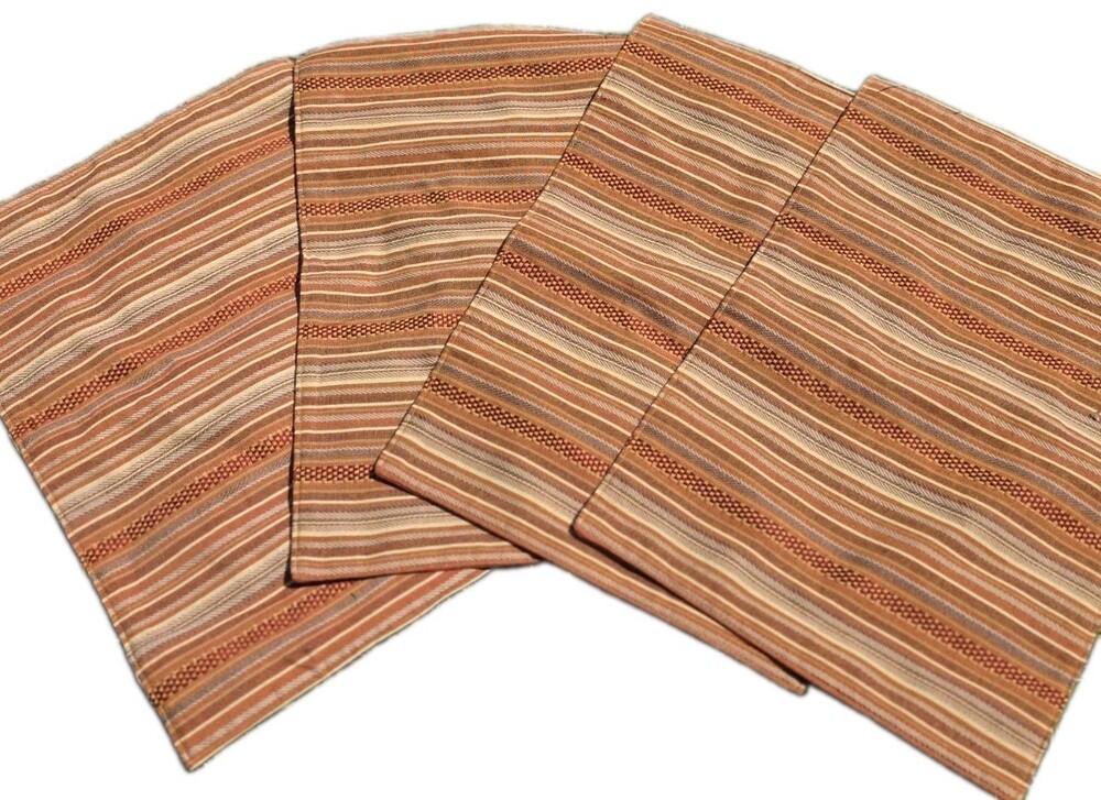 Vintage Reversible Fabric Placemats Set of 4 - Earth Tone Multi Stripe Rust Red